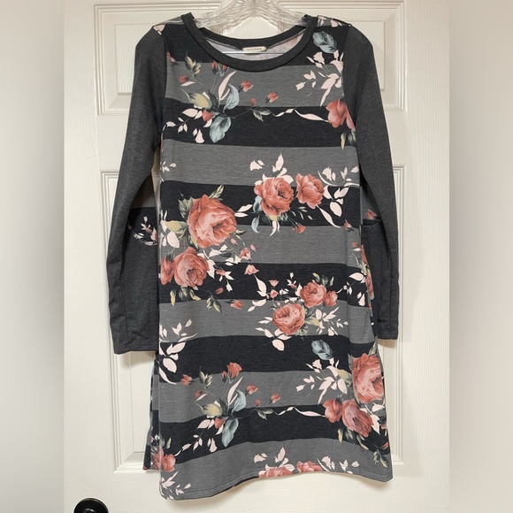 Viamor Sweatshirt Dress Gray Long Sleeves Elbow Patches & Floral Striped patter - Picture 2 of 7